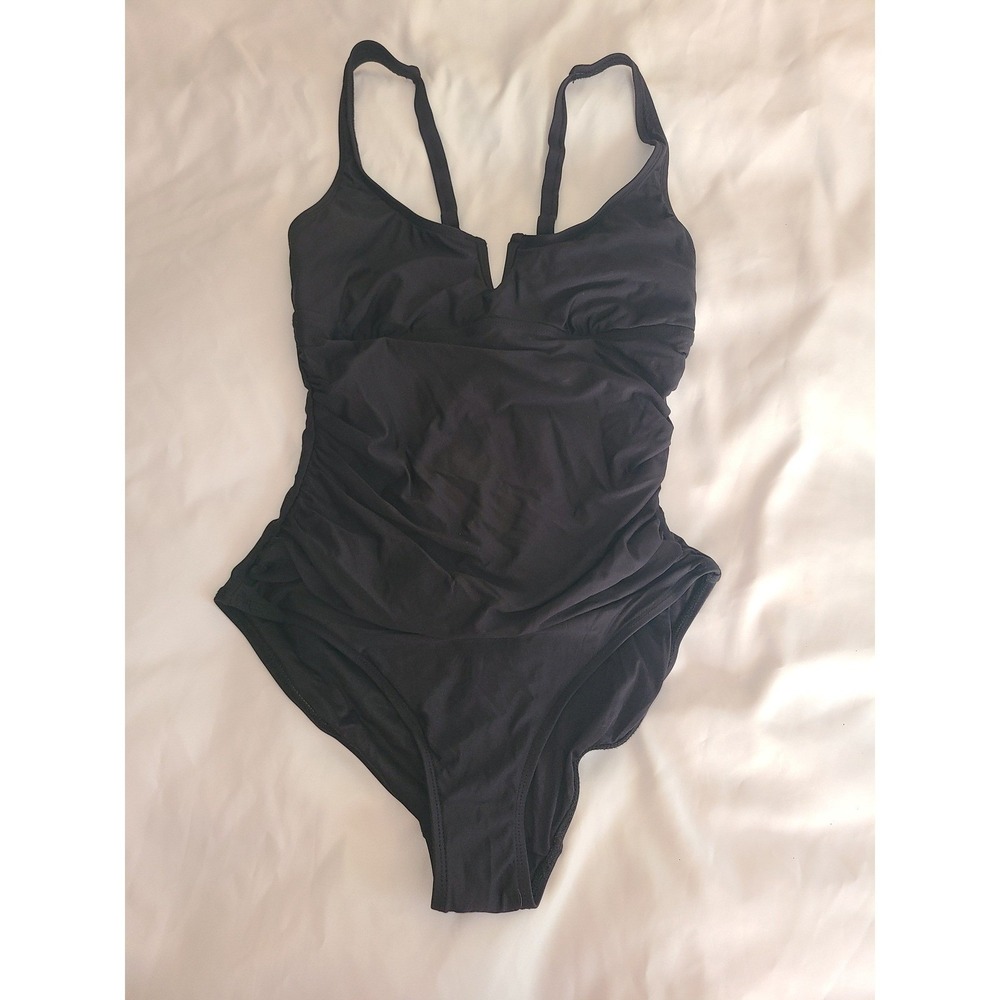 Anne Cole Womens Black Ruched One Piece Swimsuit Notched V-Neck Size S
